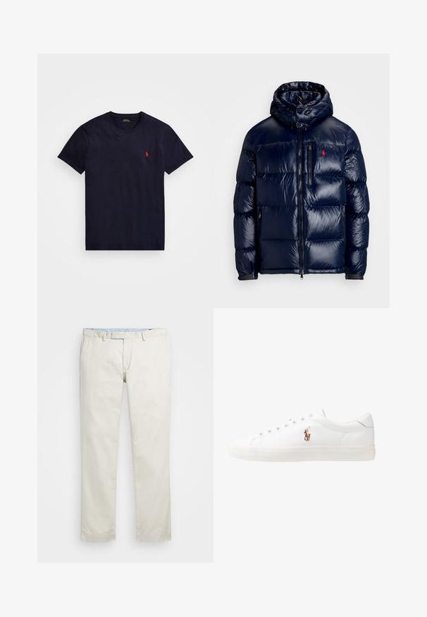 Casaco puffer azul-marinho com um acabamento brilhante, apresentando um capuz, fecho frontal com zíper e um pequeno logotipo no lado esquerdo do peito. Design acolchoado texturizado.; T-shirt de algodão azul-marinho com decote redondo, mangas curtas e um pequeno logótipo bordado em vermelho no lado esquerdo do peito. Textura suave, corte clássico.; Chinos de algodão bege com frente plana, passantes para cinto e bolsos laterais. Design de perna reta com uma textura suave e uma sensação leve e respirável.; Sapatilhas de couro brancas, design de cano baixo, com textura suave, biqueira redonda, atacadores à frente e um pequeno logótipo bordado na lateral.