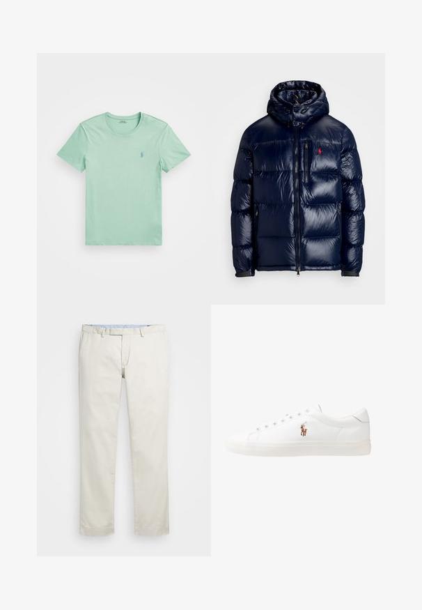 Granatowa kurtka puchowa o błyszczącym wykończeniu, z kapturem, zamkiem błyskawicznym z przodu oraz małym logo na lewej piersi. Teksturowany pikowany wzór.; Polo Ralph Lauren - T-shirt basic; Beżowe bawełniane chinosy z płaskim przodem, szlufkami na pasek i bocznymi kieszeniami. Prosty krój z gładką fakturą i lekkim, przewiewnym uczuciem.; Białe skórzane sneakersy, niskoprofilowy design, charakteryzujące się gładką fakturą, okrągłym noskiem, sznurowanym przodem i małym haftowanym logo z boku.