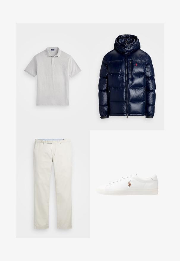 Veste matelassée bleu marine avec une finition brillante, dotée d'une capuche, d'une fermeture éclair à l'avant et d'un petit logo sur la poitrine gauche. Design matelassé texturé.; Polo gris clair en coton texturé avec un col classique, une patte de boutonnage à deux boutons et un petit logo brodé sur la poitrine.; Chino en coton beige avec une taille plate, des passants de ceinture et des poches latérales. Coupe droite avec une texture lisse et une sensation légère et respirante.; Baskets en cuir blanc, design bas, avec une texture lisse, bout rond, lacets à l'avant et un petit logo brodé sur le côté.