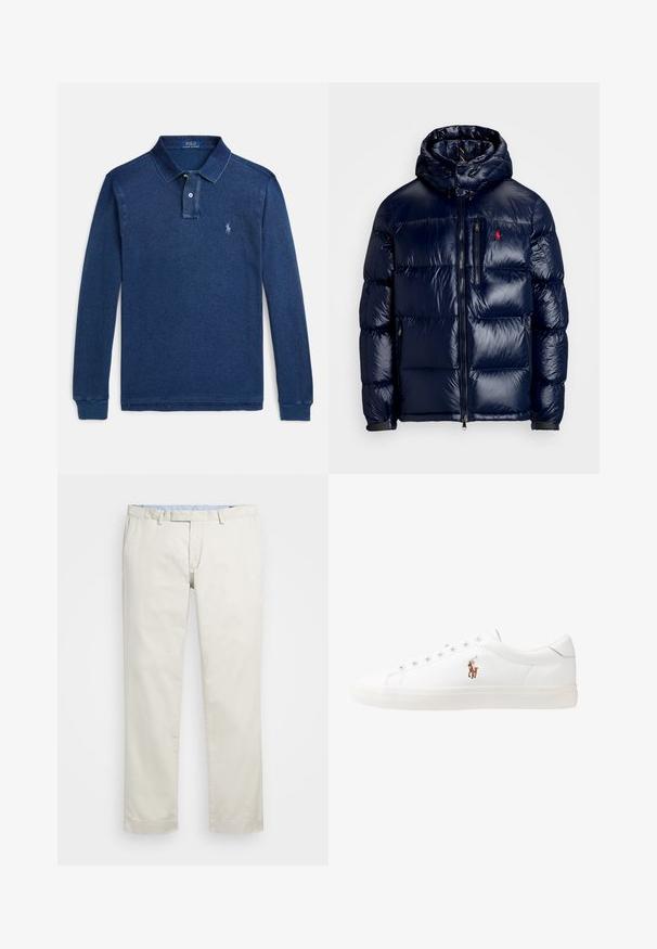 Casaco puffer azul-marinho com um acabamento brilhante, apresentando um capuz, fecho frontal com zíper e um pequeno logotipo no lado esquerdo do peito. Design acolchoado texturizado.; Polo de manga comprida azul-marinho, confeccionado em mistura de algodão, com gola clássica, pala com dois botões e pequeno logótipo bordado no peito.; Chinos de algodão bege com frente plana, passantes para cinto e bolsos laterais. Design de perna reta com uma textura suave e uma sensação leve e respirável.; Sapatilhas de couro brancas, design de cano baixo, com textura suave, biqueira redonda, atacadores à frente e um pequeno logótipo bordado na lateral.
