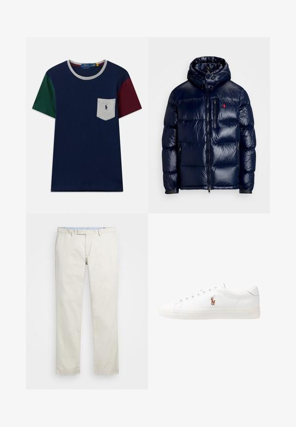 Chaqueta acolchada azul marino con un acabado brillante, que presenta una capucha, cierre frontal con cremallera y un pequeño logo en el lado izquierdo del pecho. Diseño acolchado texturizado.; Camiseta de color azul marino con mangas cortas en verde y burdeos. Presenta un bolsillo gris con un logo, cuello redondo con ribete gris y una textura suave.; Chinos de algodón color beige con frente plano, presillas para cinturón y bolsillos laterales. Diseño de pierna recta con una textura suave y una sensación ligera y transpirable.; Zapatillas de cuero blancas, diseño de corte bajo, con una textura suave, puntera redonda, cordones en la parte delantera y un pequeño logo bordado en el lateral.