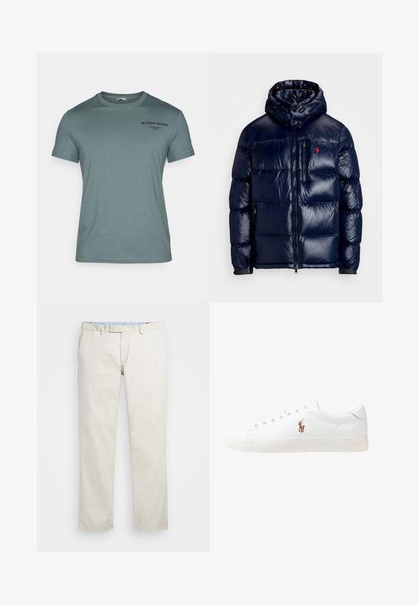 Jachetă puffer de culoare albastru închis, cu un finisaj lucios, având o glugă, fermoar frontal și un logo mic pe partea stângă a pieptului. Design texturat matlasat.; Tricou din bumbac verde deschis, cu guler rotund, mâneci scurte și text imprimat negru pe piept. Design simplu, textură netedă.; Chino din bumbac bej cu față plată, bucle pentru curea și buzunare laterale. Design cu picioare drepte, textură netedă și o senzație ușoară și respirabilă.; Adidași din piele albă, design de tip low-top, cu o textură netedă, vârf rotund, față șiretată și un mic logo brodat pe lateral.