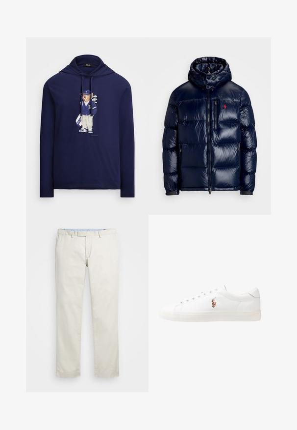 Tumesinine pahtli jakk, millel on läikiv viimistlus, kapuuts, lukuga esikülg ja väike logo vasakul rinnal. Tekstuuriga ääristatud õmblusdisain.; Tumesinine pikka varrukat hoodie, millel on karu graafika spordivariandis, kanda müts, jakk ja golfikepid. Valmistatud pehmest kangast, klassikaline lõige.; Beeži puuvillased chinosid, millel on lame eesosa, vöökohataod ja küljetaskud. Sirge jalgade disain sujuva tekstuuriga ja kerge, hingava tunnetusega.; Valged nahast tossud, madala ülaservaga disain, millel on sile tekstuur, ümar varvas, nööridega esiosa ja väike tikand logoga küljel.