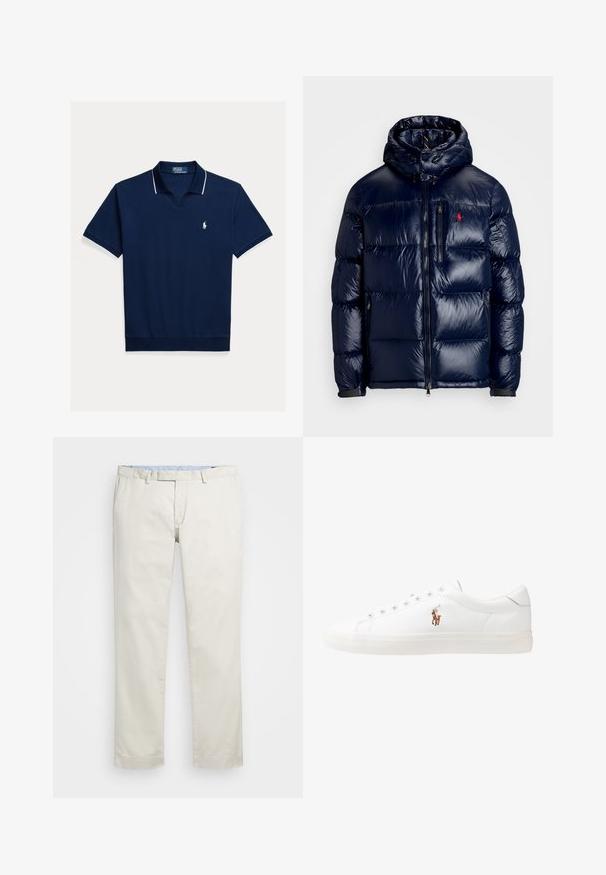 Námorně modrá péřová bunda s lesklým povrchem, s kapucí, zipovým zapínáním a malým logem na levé hrudi. Texturovaný prošívaný design.; Námořnické polo tričko z bavlny, se střihem do véčka, krátkými rukávy, bílým lemem na límci a rukávech a malým logem na prsou.; Béžové bavlněné chinos kalhoty s plochým předním dílem, poutky na opasek a bočními kapsami. Rovný střih s hladkou texturou a lehkým, prodyšným pocitem.; Bílé kožené tenisky, nízký střih, s hladkým povrchem, kulatou špičkou, šněrováním v přední části a malým vyšitým logem na boku.