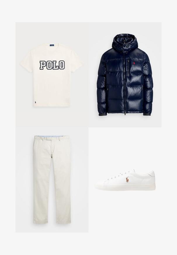 Tamsiai mėlynas pūkinis švarkas su blizgiu paviršiumi, turintis gobtuvą, užtrauktuką priekyje ir mažą logotipą ant kairės krūtinės. Raštuota siuvinėta konstrukcija.; Balta medvilnė marškinėliai su dideliais tamsiai mėlynais "POLO" žodžiais ant krūtinės ir mažuoju tamsiai mėlynu logotipu ant apatinio krašto. Klasikinio apvalaus kaklo dizainas.; Šviesiai rudi medvilniniai chinos tipo kelnės su plokščiu priekiniu dizainu, diržo kilpomis ir šoninėmis kišenėmis. Tiesaus kirpimo dizainas su lygiu paviršiumi ir lengvu, kvėpuojančiu jausmu.; Baltos odinės sportbačiai, žemo profilio, su lygia tekstūra, apvalia nosimi, raištelių sistema priekyje ir mažyte siuvinėta logo šone.