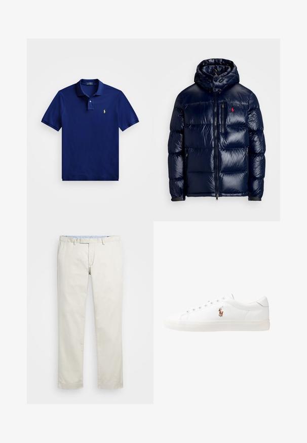 Casaco puffer azul-marinho com um acabamento brilhante, apresentando um capuz, fecho frontal com zíper e um pequeno logotipo no lado esquerdo do peito. Design acolchoado texturizado.; Polo azul-marinho feito de algodão macio, com uma pala de três botões, mangas curtas e um logotipo amarelo no lado esquerdo do peito.; Chinos de algodão bege com frente plana, passantes para cinto e bolsos laterais. Design de perna reta com uma textura suave e uma sensação leve e respirável.; Sapatilhas de couro brancas, design de cano baixo, com textura suave, biqueira redonda, atacadores à frente e um pequeno logótipo bordado na lateral.