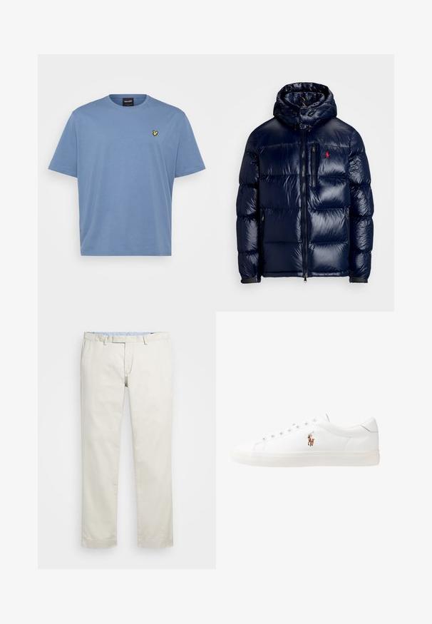 Navy blue puffer jacket with a shiny finish, featuring a hood, zippered front, and a small logo on the left chest. Textured quilted design.; Light blue cotton t-shirt with a classic crew neck. Features a small embroidered yellow logo on the left chest. Short sleeves, relaxed fit.; Beige cotton chinos with a flat front, belt loops, and side pockets. Straight-leg design with a smooth texture and a light, breathable feel.; White leather sneakers, low-top design, featuring a smooth texture, round toe, laced front, and a small embroidered logo on the side.
