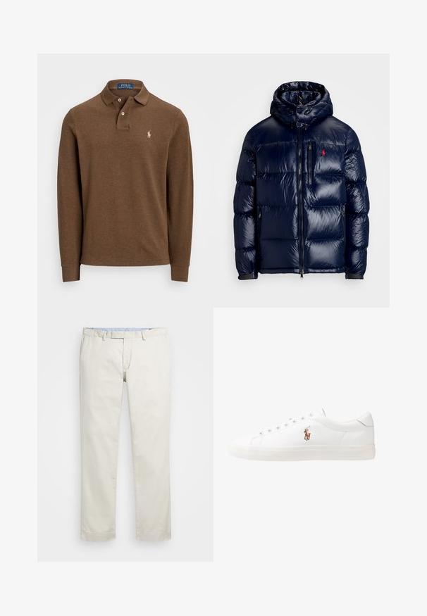 Navy blue puffer jacket with a shiny finish, featuring a hood, zippered front, and a small logo on the left chest. Textured quilted design.; Brown long-sleeve polo shirt in soft fabric with a pointed collar, two-button placket, and embroidered logo on the left chest.; Beige cotton chinos with a flat front, belt loops, and side pockets. Straight-leg design with a smooth texture and a light, breathable feel.; White leather sneakers, low-top design, featuring a smooth texture, round toe, laced front, and a small embroidered logo on the side.