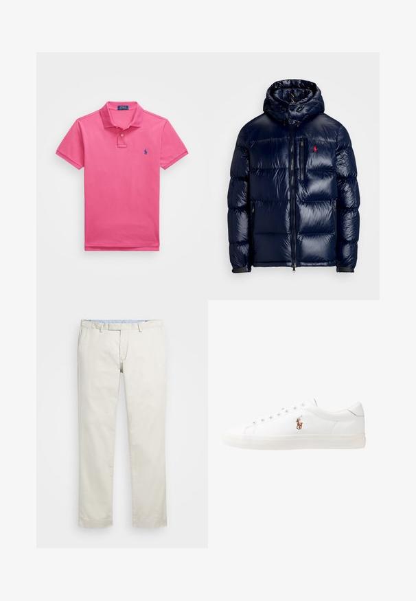 Casaco puffer azul-marinho com um acabamento brilhante, apresentando um capuz, fecho frontal com zíper e um pequeno logotipo no lado esquerdo do peito. Design acolchoado texturizado.; Polo em rosa feito de algodão, com mangas curtas, gola e fecho de dois botões. Possui um logótipo azul bordado no lado esquerdo do peito.; Chinos de algodão bege com frente plana, passantes para cinto e bolsos laterais. Design de perna reta com uma textura suave e uma sensação leve e respirável.; Sapatilhas de couro brancas, design de cano baixo, com textura suave, biqueira redonda, atacadores à frente e um pequeno logótipo bordado na lateral.