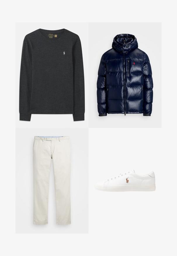Navykék puffertakaró kabát fényes felülettel, kapucnival, cipzáros elülső résszel és egy kis logóval a bal mellen. Texturált steppelt mintázat.; Sötét szürke, hosszú ujjú pamut póló. Kerek nyakkivágással és egy kis hímzett logóval rendelkezik a bal mellrészen. Puha tapintású.; Beige pamut chinin, lapos elülső résszel, övhurkokkal és oldalsó zsebekkel. Egyenes lábú kialakítás, sima textúrával és könnyű, lélegző érzettel.; Fehér bőr sportcipők, alacsony fazonban, sima textúrával, kerek orral, fűzős előlappal és egy kis hímezett logóval az oldalon.