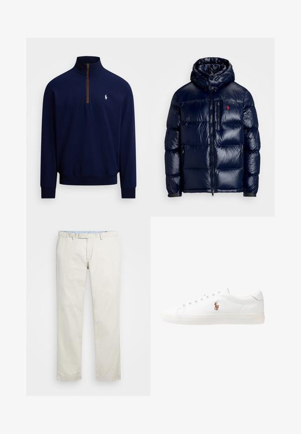 Marineblå pufferjakke med en shiny finish, der har hætte, lynlås foran og et lille logo på venstre bryst. Tekstureret quiltet design.; Marineblå langærmet pullover med kvart-lynlås og hvid broderet hest og rytter-logo på venstre bryst.; Beige bomulds chinos med flad front, bæltestropper og sidelommer. Lige ben design med en glat tekstur og en let, åndbar fornemmelse.; Hvide lædersneakers, lavtop design, med en glat tekstur, rund tå, snørret front og et lille broderet logo på siden.