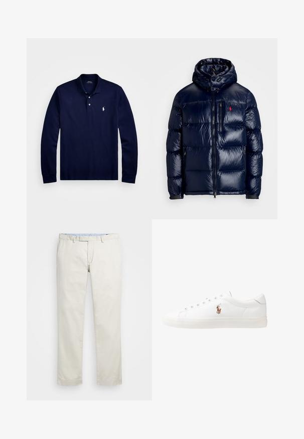 Navy blue puffer jacket with a shiny finish, featuring a hood, zippered front, and a small logo on the left chest. Textured quilted design.; Navy long-sleeve polo shirt made of cotton. Features a classic collar, two-button placket, and a small embroidered logo on the chest.; Beige cotton chinos with a flat front, belt loops, and side pockets. Straight-leg design with a smooth texture and a light, breathable feel.; White leather sneakers, low-top design, featuring a smooth texture, round toe, laced front, and a small embroidered logo on the side.