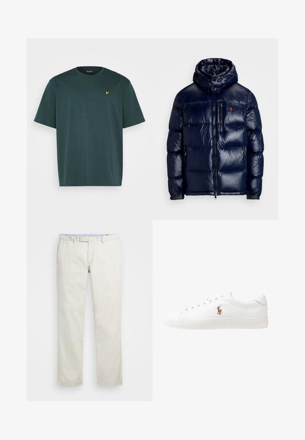 Navy blue puffer jacket with a shiny finish, featuring a hood, zippered front, and a small logo on the left chest. Textured quilted design.; Lyle & Scott PLAIN - Basic T-shirt - teal; Beige cotton chinos with a flat front, belt loops, and side pockets. Straight-leg design with a smooth texture and a light, breathable feel.; White leather sneakers, low-top design, featuring a smooth texture, round toe, laced front, and a small embroidered logo on the side.