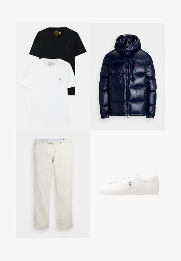 Námorně modrá péřová bunda s lesklým povrchem, s kapucí, zipovým zapínáním a malým logem na levé hrudi. Texturovaný prošívaný design.; Dvě trika s kulatým výstřihem: jedno černé a jedno bílé, obě vyrobené z bavlny, mají na hrudi malé vyšívané loga v kontrastních barvách.; Béžové bavlněné chinos kalhoty s plochým předním dílem, poutky na opasek a bočními kapsami. Rovný střih s hladkou texturou a lehkým, prodyšným pocitem.; Bílé kožené tenisky, nízký střih, s hladkým povrchem, kulatou špičkou, šněrováním v přední části a malým vyšitým logem na boku.