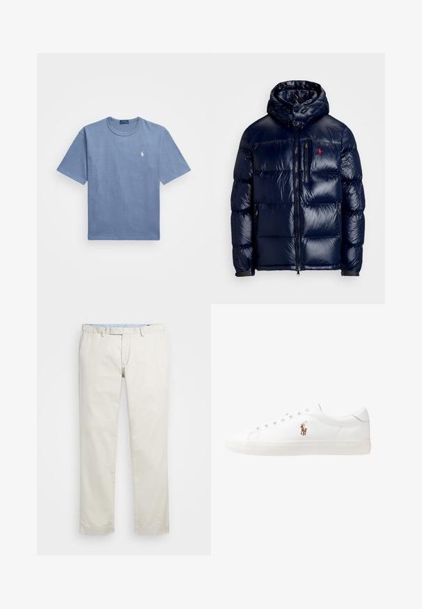 Casaco puffer azul-marinho com um acabamento brilhante, apresentando um capuz, fecho frontal com zíper e um pequeno logotipo no lado esquerdo do peito. Design acolchoado texturizado.; T-shirt de algodão azul com mangas curtas, gola redonda e um logo bordado branco no lado esquerdo do peito. Textura suave, design casual.; Chinos de algodão bege com frente plana, passantes para cinto e bolsos laterais. Design de perna reta com uma textura suave e uma sensação leve e respirável.; Sapatilhas de couro brancas, design de cano baixo, com textura suave, biqueira redonda, atacadores à frente e um pequeno logótipo bordado na lateral.