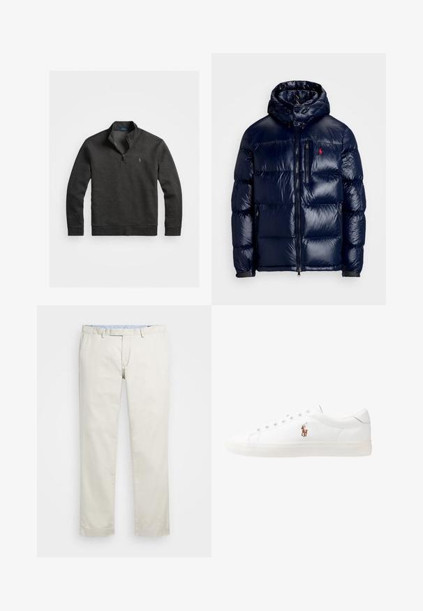 Casaco puffer azul-marinho com um acabamento brilhante, apresentando um capuz, fecho frontal com zíper e um pequeno logotipo no lado esquerdo do peito. Design acolchoado texturizado.; Polo Ralph Lauren DOUBLE-KNIT QUARTER-ZIP PULLOVER - Camisola de manga comprida - windsor heather; Chinos de algodão bege com frente plana, passantes para cinto e bolsos laterais. Design de perna reta com uma textura suave e uma sensação leve e respirável.; Sapatilhas de couro brancas, design de cano baixo, com textura suave, biqueira redonda, atacadores à frente e um pequeno logótipo bordado na lateral.