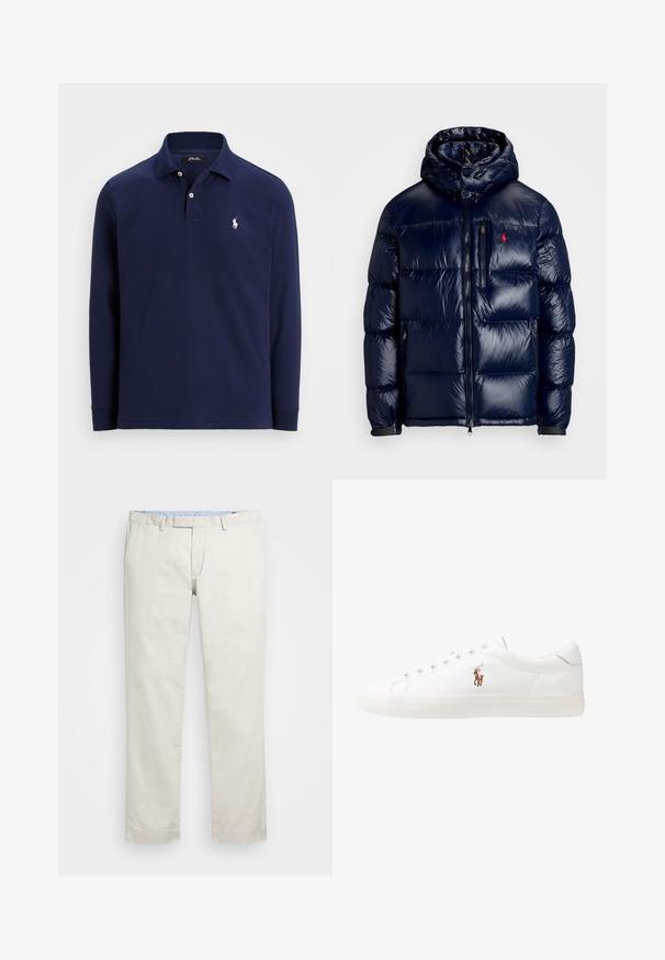 Mörkblå puffjacka med en skinande yta, utrustad med huva, dragkedja fram och en liten logotyp på vänster bröst. Texturerad kviltad design.; Marinblå långärmad polo med krage, två vita knappar och en liten vit broderad häst- och ryttarelogo på vänstra bröstet.; Beige bomullskinos med rak framdel, bältesöglor och sidofickor. Rakt ben med en slät textur och en lätt, andningsbar känsla.; Vita lädersneakers, låg design, med en slät yta, rund tå, snörning fram och en liten broderad logotyp på sidan.