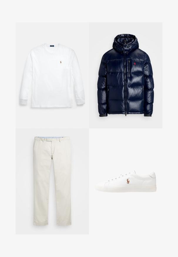 Tumesinine pahtli jakk, millel on läikiv viimistlus, kapuuts, lukuga esikülg ja väike logo vasakul rinnal. Tekstuuriga ääristatud õmblusdisain.; Valge pikkade varrukatega puuvillane t-särk, millel on ümarsuu kaelus ja väike tikitud logo vasakul rinnal. Sile tekstuur, lihtne disain.; Beeži puuvillased chinosid, millel on lame eesosa, vöökohataod ja küljetaskud. Sirge jalgade disain sujuva tekstuuriga ja kerge, hingava tunnetusega.; Valged nahast tossud, madala ülaservaga disain, millel on sile tekstuur, ümar varvas, nööridega esiosa ja väike tikand logoga küljel.