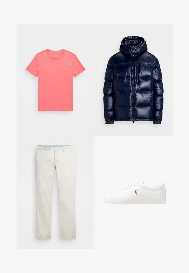 Casaco puffer azul-marinho com um acabamento brilhante, apresentando um capuz, fecho frontal com zíper e um pequeno logotipo no lado esquerdo do peito. Design acolchoado texturizado.; T-shirt de manga curta, com decote redondo em coral, feita de algodão com uma textura suave, apresentando um pequeno logotipo branco no lado esquerdo do peito.; Chinos de algodão bege com frente plana, passantes para cinto e bolsos laterais. Design de perna reta com uma textura suave e uma sensação leve e respirável.; Sapatilhas de couro brancas, design de cano baixo, com textura suave, biqueira redonda, atacadores à frente e um pequeno logótipo bordado na lateral.