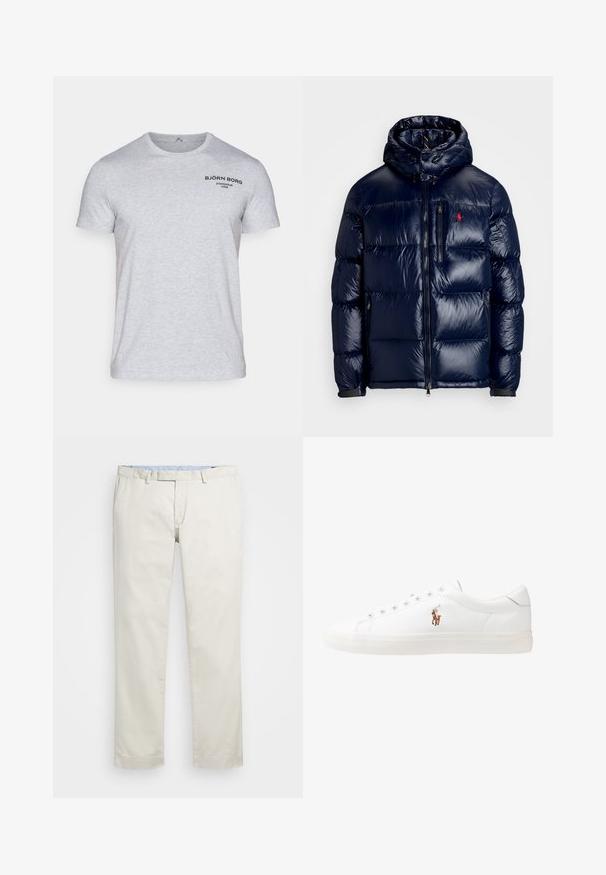 Giacca puffer blu navy con finitura lucida, dotata di cappuccio, chiusura frontale con zip e un piccolo logo sul lato sinistro del petto. Design trapuntato testurizzato.; T-shirt in cotone grigio chiaro con maniche corte e scollo rotondo. Logo nero stampato sulla parte superiore sinistra del petto.; Chino in cotone beige con fronte piatto, passanti per la cintura e tasche laterali. Design a gamba dritta con una texture liscia e una sensazione leggera e traspirante.; Sneakers in pelle bianca, design low-top, caratterizzati da una texture liscia, punta rotonda, chiusura con lacci e un piccolo logo ricamato sul lato.