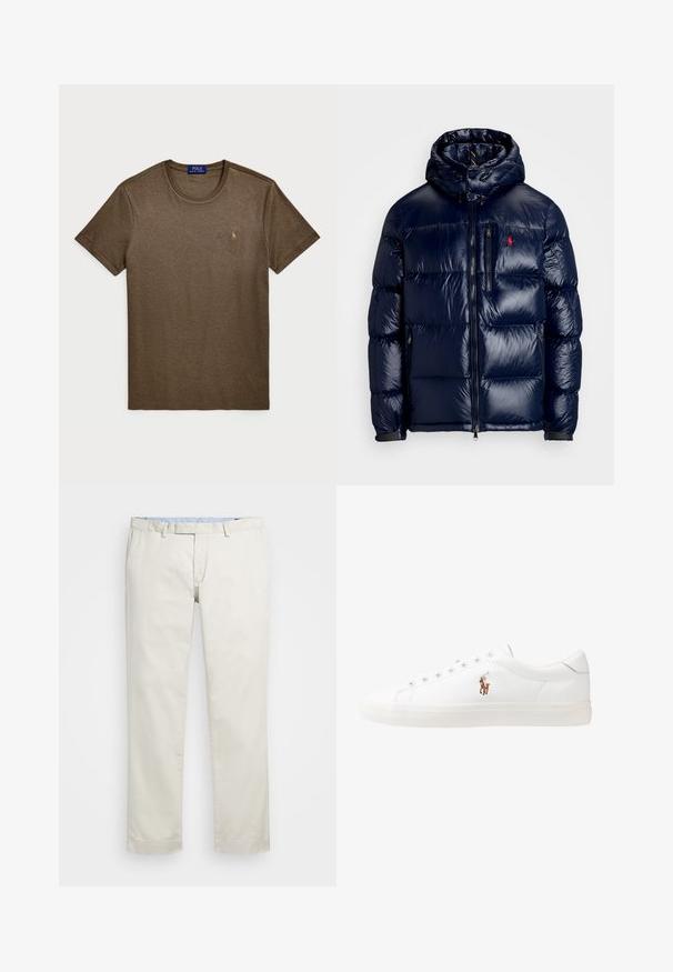 Casaco puffer azul-marinho com um acabamento brilhante, apresentando um capuz, fecho frontal com zíper e um pequeno logotipo no lado esquerdo do peito. Design acolchoado texturizado.; Polo Ralph Lauren CUSTOM SLIM FIT SOFT COTTON T-SHIRT - T-shirt básica - cedar heather; Chinos de algodão bege com frente plana, passantes para cinto e bolsos laterais. Design de perna reta com uma textura suave e uma sensação leve e respirável.; Sapatilhas de couro brancas, design de cano baixo, com textura suave, biqueira redonda, atacadores à frente e um pequeno logótipo bordado na lateral.