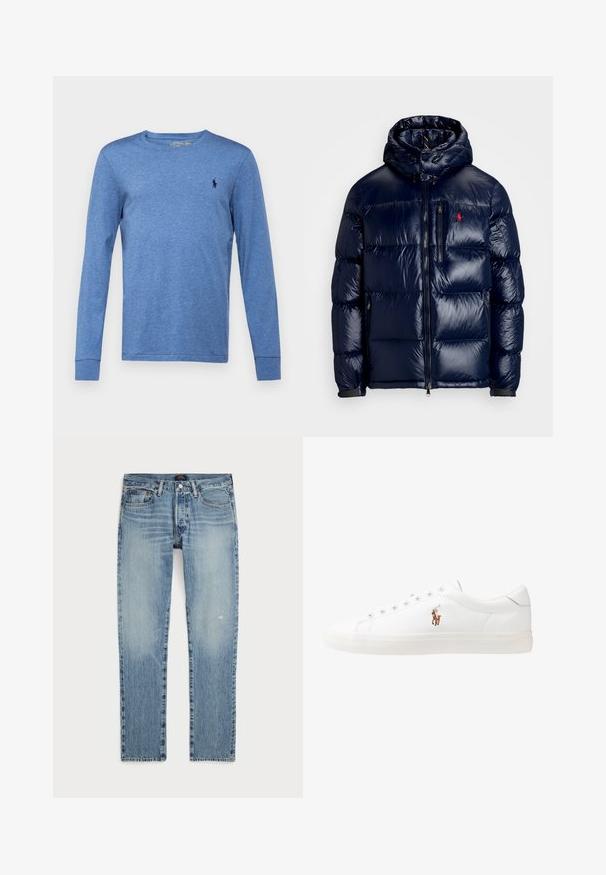 Navy blue puffer jacket with a shiny finish, featuring a hood, zippered front, and a small logo on the left chest. Textured quilted design.; Polo Ralph Lauren CUSTOM SLIM JERSEY LONG-SLEEVE T-SHIRT - Long sleeved top - faded royal heather; Light blue denim jeans with a straight leg cut, featuring a faded wash, subtle whiskering, and standard five-pocket design.; White leather sneakers, low-top design, featuring a smooth texture, round toe, laced front, and a small embroidered logo on the side.