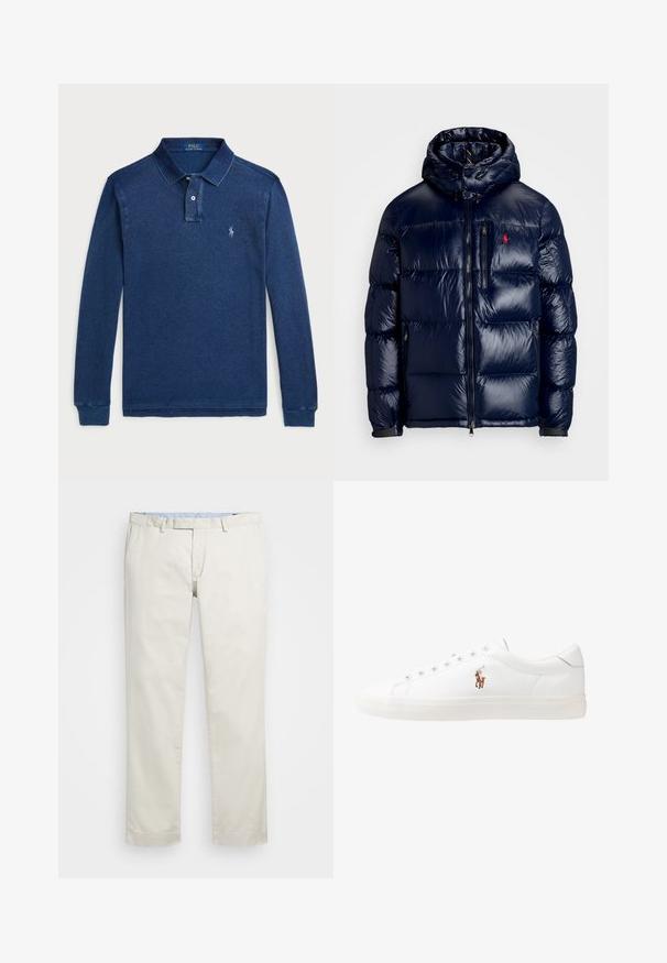 Tumši zils pūkainais jaka ar spīdīgu apdari, ar kapuci, ar rāvējslēdzēja priekšpusi un mazu logo kreisajā krūtī. Tekstūrēta izšūšanas dizains.; Tumši zila garām piedurknēm polo krekls, izgatavots no mīksta kokvilnas maisījuma, ar pogām aizdares ap kaklu un mazu izšūtu logo kreisajā krūtī.; Bežīgas kokvilnas chinos bikses ar gludu priekšpusi, jostas cilpām un sānu kabatām. Taisnas kājas dizains ar gludu tekstūru un vieglu, elpojošu sajūtu.; Baltas ādas sporta apavi, zema dizaina, ar gludu tekstūru, noapaļotu purngalu, ar auklēm priekšpusē un nelielu izšūtu logotipu sānos.