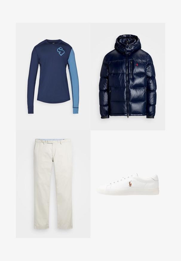 Navykék puffertakaró kabát fényes felülettel, kapucnival, cipzáros elülső résszel és egy kis logóval a bal mellen. Texturált steppelt mintázat.; Tengerészkék hosszú ujjú póló világoskék ujjal és logóval. Simább, nyújtható anyagból készült, kontrasztos varrással és kerekített aljjal.; Beige pamut chinin, lapos elülső résszel, övhurkokkal és oldalsó zsebekkel. Egyenes lábú kialakítás, sima textúrával és könnyű, lélegző érzettel.; Fehér bőr sportcipők, alacsony fazonban, sima textúrával, kerek orral, fűzős előlappal és egy kis hímezett logóval az oldalon.