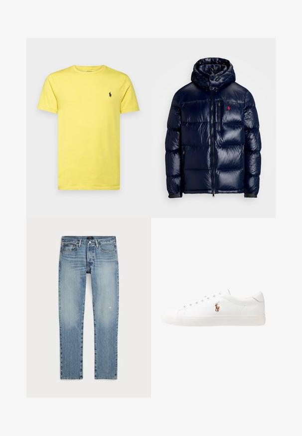 Navykék puffertakaró kabát fényes felülettel, kapucnival, cipzáros elülső résszel és egy kis logóval a bal mellen. Texturált steppelt mintázat.; Sárga pamut póló rövid ujjakkal, kerek nyakkivágással, és lila hímzett logóval a bal mellen. Simas tapintású, laza szabású.; Világoskék farmernadrág egyenes lábbal, elhalványult mosással, finom koptatásokkal és hagyományos, öt zsebes dizájnnal.; Fehér bőr sportcipők, alacsony fazonban, sima textúrával, kerek orral, fűzős előlappal és egy kis hímezett logóval az oldalon.
