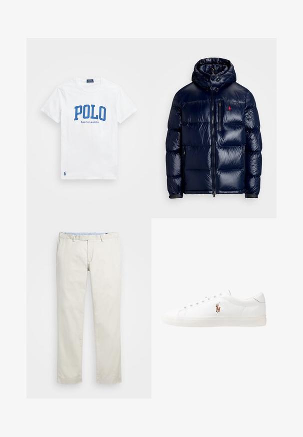 Granatowa kurtka puchowa o błyszczącym wykończeniu, z kapturem, zamkiem błyskawicznym z przodu oraz małym logo na lewej piersi. Teksturowany pikowany wzór.; Biała bawełniana koszulka z niebieskim napisem "POLO" oraz mniejszym drukiem "RALPH LAUREN". Zawiera małe niebieskie logo na lewym brzegu.; Beżowe bawełniane chinosy z płaskim przodem, szlufkami na pasek i bocznymi kieszeniami. Prosty krój z gładką fakturą i lekkim, przewiewnym uczuciem.; Białe skórzane sneakersy, niskoprofilowy design, charakteryzujące się gładką fakturą, okrągłym noskiem, sznurowanym przodem i małym haftowanym logo z boku.