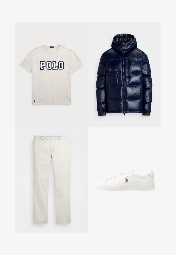Tamsiai mėlynas pūkinis švarkas su blizgiu paviršiumi, turintis gobtuvą, užtrauktuką priekyje ir mažą logotipą ant kairės krūtinės. Raštuota siuvinėta konstrukcija.; Polo Ralph Lauren CLASSIC FIT LOGO - Marškinėliai su spaudiniu - light grey; Šviesiai rudi medvilniniai chinos tipo kelnės su plokščiu priekiniu dizainu, diržo kilpomis ir šoninėmis kišenėmis. Tiesaus kirpimo dizainas su lygiu paviršiumi ir lengvu, kvėpuojančiu jausmu.; Baltos odinės sportbačiai, žemo profilio, su lygia tekstūra, apvalia nosimi, raištelių sistema priekyje ir mažyte siuvinėta logo šone.