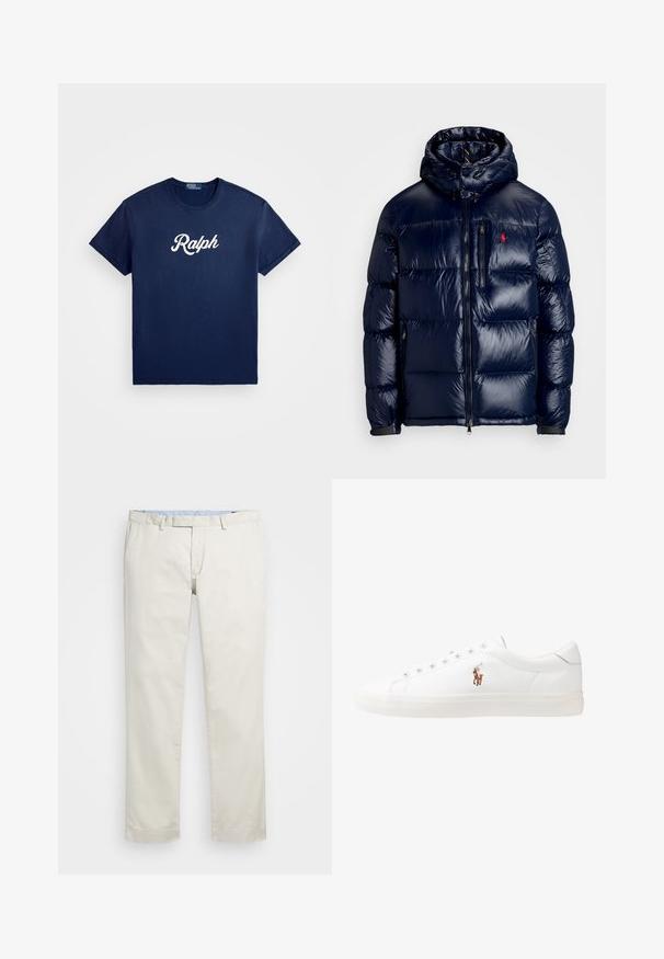 Navy blue puffer jacket with a shiny finish, featuring a hood, zippered front, and a small logo on the left chest. Textured quilted design.; Navy blue cotton t-shirt with a crew neck and short sleeves, featuring white cursive "Ralph" logo on the front. Smooth texture, classic fit.; Beige cotton chinos with a flat front, belt loops, and side pockets. Straight-leg design with a smooth texture and a light, breathable feel.; White leather sneakers, low-top design, featuring a smooth texture, round toe, laced front, and a small embroidered logo on the side.