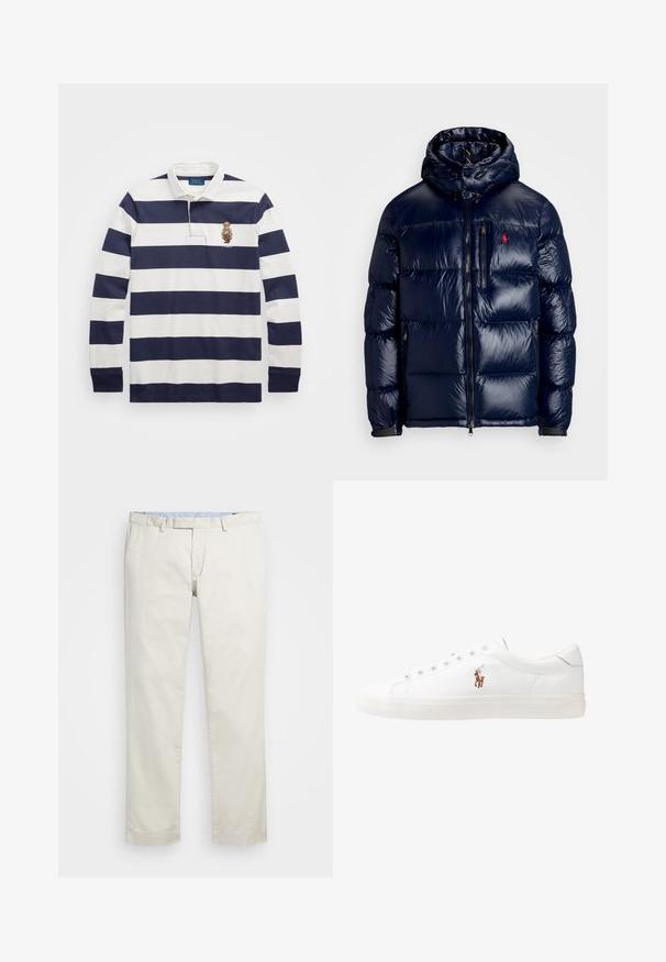 Námornícka modrá prešívaná bunda s lesklým povrchom, s kapucňou, zipsom vpredu a malým logom na ľavej hrudi. Textúrovaný prešívaný dizajn.; Polo Ralph Lauren CLASSIC FIT POLO BEAR RUGBY SHIRT - Top s dlhým rukávom - blu; Béžové bavlnené chinos nohavice s plochým predným dielom, pútka na opasok a bočnými vreckami. Rovný strih s hladkou textúrou a ľahkým, priedušným pocitom.; Biele kožené tenisky s nízkym strihom, s hladkou textúrou, okrúlym špičkou, šnurovaním vpredu a malým vyšitým logom na boku.