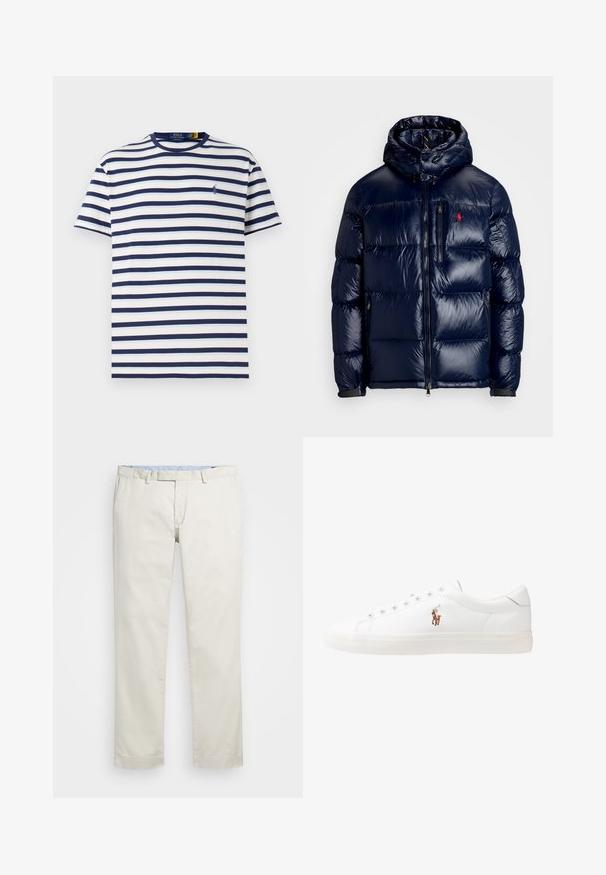 Námorně modrá péřová bunda s lesklým povrchem, s kapucí, zipovým zapínáním a malým logem na levé hrudi. Texturovaný prošívaný design.; Pruhované tričko v bílé barvě s tmavě modrými pruhy, s žebrovaným límcem a malým logem na hrudi. Měkká bavlněná látka.; Béžové bavlněné chinos kalhoty s plochým předním dílem, poutky na opasek a bočními kapsami. Rovný střih s hladkou texturou a lehkým, prodyšným pocitem.; Bílé kožené tenisky, nízký střih, s hladkým povrchem, kulatou špičkou, šněrováním v přední části a malým vyšitým logem na boku.