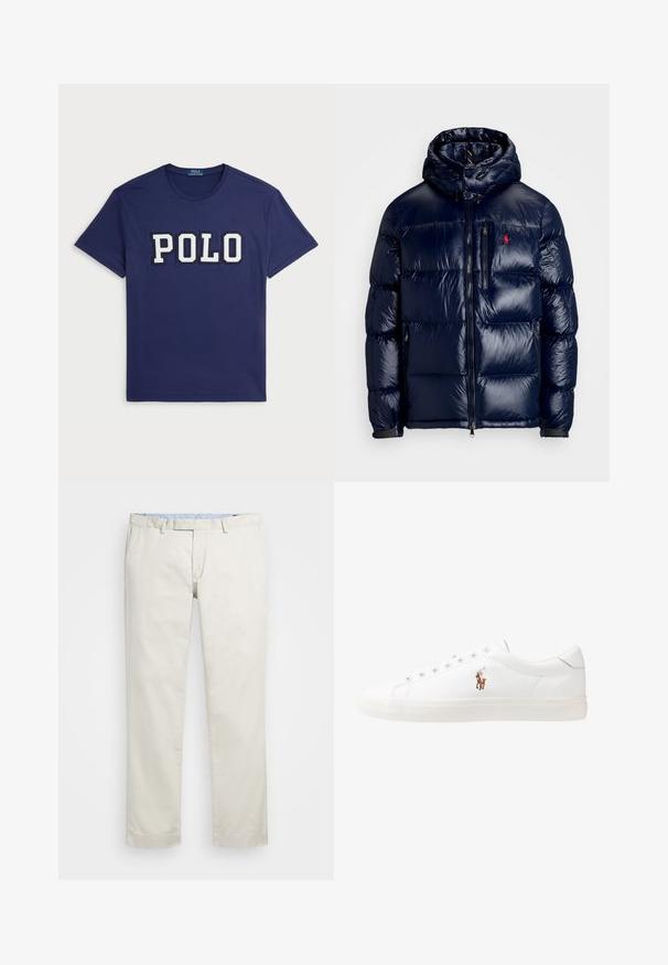 Casaco puffer azul-marinho com um acabamento brilhante, apresentando um capuz, fecho frontal com zíper e um pequeno logotipo no lado esquerdo do peito. Design acolchoado texturizado.; T-shirt azul marinho feito de algodão, com um grande gráfico "POLO" em branco, com gola redonda e mangas curtas.; Chinos de algodão bege com frente plana, passantes para cinto e bolsos laterais. Design de perna reta com uma textura suave e uma sensação leve e respirável.; Sapatilhas de couro brancas, design de cano baixo, com textura suave, biqueira redonda, atacadores à frente e um pequeno logótipo bordado na lateral.
