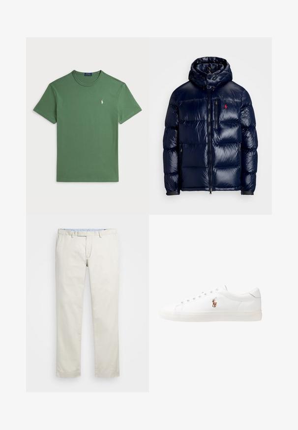 Casaco puffer azul-marinho com um acabamento brilhante, apresentando um capuz, fecho frontal com zíper e um pequeno logotipo no lado esquerdo do peito. Design acolchoado texturizado.; T-shirt de algodão verde com decote redondo e mangas curtas. Apresenta um pequeno logotipo bordado em branco no lado esquerdo do peito.; Chinos de algodão bege com frente plana, passantes para cinto e bolsos laterais. Design de perna reta com uma textura suave e uma sensação leve e respirável.; Sapatilhas de couro brancas, design de cano baixo, com textura suave, biqueira redonda, atacadores à frente e um pequeno logótipo bordado na lateral.