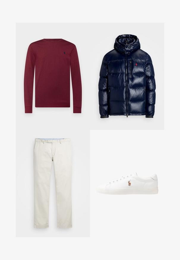 Tamsiai mėlynas pūkinis švarkas su blizgiu paviršiumi, turintis gobtuvą, užtrauktuką priekyje ir mažą logotipą ant kairės krūtinės. Raštuota siuvinėta konstrukcija.; Polo Ralph Lauren CUSTOM SLIM JERSEY LONG-SLEEVE T-SHIRT - Ilgarankovis viršutinės dalies drabužis - vintage port heather; Šviesiai rudi medvilniniai chinos tipo kelnės su plokščiu priekiniu dizainu, diržo kilpomis ir šoninėmis kišenėmis. Tiesaus kirpimo dizainas su lygiu paviršiumi ir lengvu, kvėpuojančiu jausmu.; Baltos odinės sportbačiai, žemo profilio, su lygia tekstūra, apvalia nosimi, raištelių sistema priekyje ir mažyte siuvinėta logo šone.
