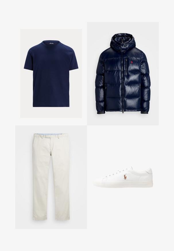 Casaco puffer azul-marinho com um acabamento brilhante, apresentando um capuz, fecho frontal com zíper e um pequeno logotipo no lado esquerdo do peito. Design acolchoado texturizado.; T-shirt de manga curta cor azul marinho com um pequeno logótipo RLX Ralph Lauren dentro do colarinho.; Chinos de algodão bege com frente plana, passantes para cinto e bolsos laterais. Design de perna reta com uma textura suave e uma sensação leve e respirável.; Sapatilhas de couro brancas, design de cano baixo, com textura suave, biqueira redonda, atacadores à frente e um pequeno logótipo bordado na lateral.