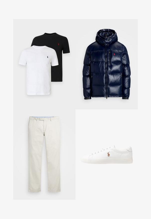 Navy blue puffer jacket with a shiny finish, featuring a hood, zippered front, and a small logo on the left chest. Textured quilted design.; Two T-shirts in black and white. Classic crew neck design, short sleeves, made of cotton. Features a small embroidered logo on the chest.; Beige cotton chinos with a flat front, belt loops, and side pockets. Straight-leg design with a smooth texture and a light, breathable feel.; White leather sneakers, low-top design, featuring a smooth texture, round toe, laced front, and a small embroidered logo on the side.