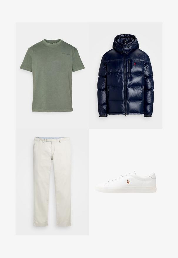 Marineblaue Steppjacke mit glänzender Oberfläche, ausgestattet mit Kapuze, Reißverschluss vorne und kleinem Logo auf der linken Brust. Strukturierter Steppdesign.; Olivgrünes Baumwoll-T-Shirt, Rundhalsausschnitt, kurze Ärmel, mit einem kleinen schwarzen Logo auf der linken Brust und einer lockeren Passform.; Beige Baumwollchinos mit flachem Bund, Gürtelschlaufen und Seitentaschen. Gerades Bein-Design mit glatter Textur und leichtem, atmungsaktivem Tragegefühl.; Weiße Leder-Sneaker, niedrig geschnitten, mit glatter Textur, runder Zehenpartie, Schnür vorne und kleinem gesticktem Logo an der Seite.