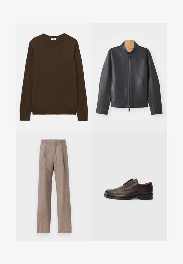 Veste en cuir noir avec col montant, fermeture éclair et coutures brun contrastantes. Comprend deux poches latérales et un design épuré.; Pull marron à manches longues et col rond avec des poignets et un bas côtelés, étiqueté Filippa K, posé à plat sur un fond blanc.; Pantalons marron taille haute en tissu texturé. Présente des jambes larges et deux plis avant pour la structure. Finition soignée sans matériel visible.; Chaussure en cuir marron avec un bout arrondi, un talon bas, un laçage, et une texture lisse. Présente des coutures minimales et une finition polie.