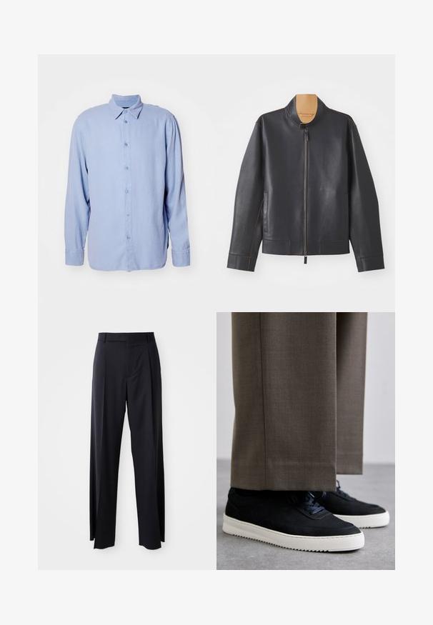 Schwarze Lederjacke mit Stehkragen, Reißverschluss und kontrastierendem braunem Näht. Sie verfügt über zwei Seitentaschen und ein schlankes Design.; Hellblaues Hemd mit Knopfverschluss, gefertigt aus weichem Stoff, mit klassischem Kragen und langen Ärmeln. Minimales Design, ohne Muster.; Schwarze, hoch taillierte Hose mit weitem Bein, aus glattem Stoff. Verfügt über vorne gelegte Falten und Gürtelschlaufen. Minimalistisches Design, ohne sichtbare Beschläge.; Schwarze Wildleder-Sneaker mit weißen Gummisohlen, mit einer abgerundeten Zehenpartie und Schnürsenkeln, getragen zu grauen maßgeschneiderten Hosen.