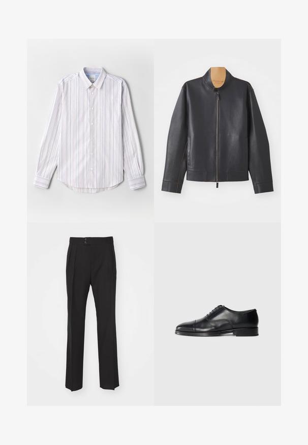 Čierna kožená bunda so stojatým golierom, zipsom a kontrastným hnedým prešívaním. Obsahuje dve bočné vrecká a má aerodynamický dizajn.; Ľahká košeľa na zapínanie s vertikálnymi prúžkami v bielej, modrej a červenej farbe. Má klasický golier a dlhé rukávy, zakulatený lem.; Čierne elegantné nohavice s rovnými nohavicami, dvoma prednými vreckami a dvojitým zapínaním na páse. Hladká textúra materiálu.; Čierne kožené formálne topánky s zaoblenou špičkou, hladkým povrchom, šnurovacími detailmi a jemným švom, s nízkym, plochým podpätkom.