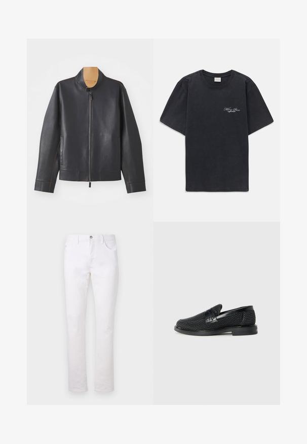 Juoda odinė striukė su stovinčiu apykakliniu, užtrauktuku ir kontrastinėmis rudos siūlėmis. Yra dvi šoninės kišenės ir stilingas dizainas.; Juodas trumpomis rankovėmis, apvaliu kaklu marškinėliai su mažu baltu "Filling Pieces" tekstiniu logotipu kairiajame krūtinės kampe.; Baltos džinsinis kelnes su tiesiais blauzdų kirpimais, turinčios dvi priekinės kišenes, vieną užpakalinę kišenę ir metalinį mygtuko užsegimą juosmens srityje.; Juodas pintas slip-on tipo batelis su lygiu odiniu akcentu viršuje, apvalios nosies dizainas ir žemas guminis padas.