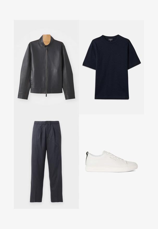 Černá kožená bunda s vysokým límcem, zipovým zapínáním a kontrastním hnědým prošíváním. Obsahuje dvě boční kapsy a zjednodušený design.; Námořnická modrá tričko s texturovaným vzorem, kulatým výstřihem a krátkými rukávy. Subtilní logo na hrudi, vyrobeno z měkké bavlněné látky.; Tmavě modré kalhoty vyrobené z měkké látky s designem s sklady vpředu a elastickým pasem. Obsahují zapínání na knoflík a rovný střih nohou.; Bílé kožené tenisky s kulatou špičkou, plochou gumovou podrážkou a tónovým švem. Vlastnosti zahrnují šněrování v přední části a černou poutko na patě.