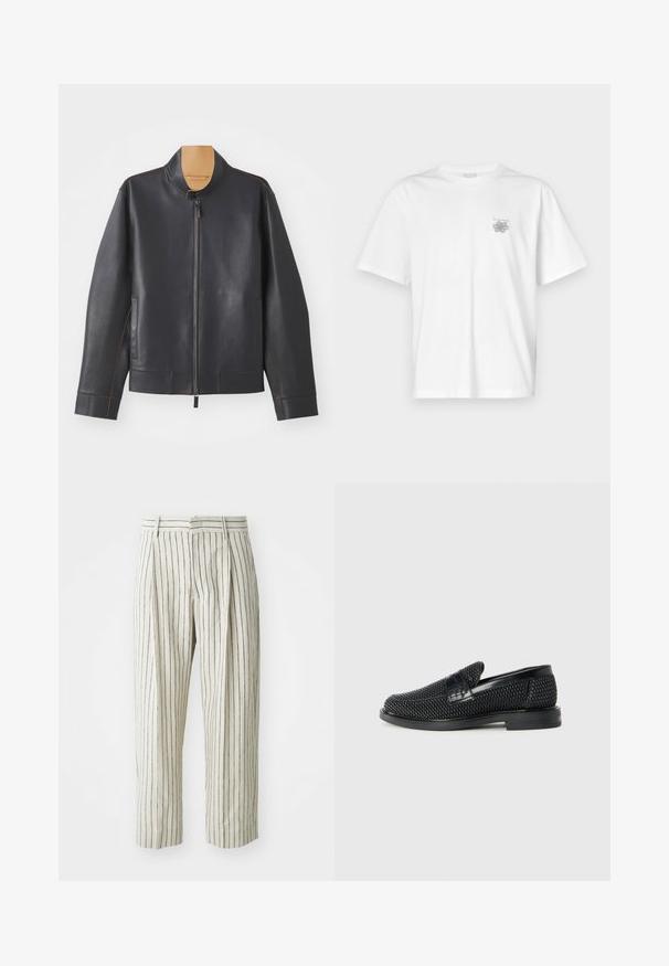 Fekete bőrdzseki álló gallérral, cipzáras záródással és kontrasztos barna varrással. Két oldalsó zsebbel és áramvonalas kialakítással rendelkezik.; Fehér pamut póló rövid ujjakkal, kerek nyakkal, és egy kis szürke logóval a bal mellrészen. Sima tapintású.; Fehér csíkozott nadrág, amely könnyű anyagból készült, laza szabású, redőkkel és övhurkokkal ellátott derékrésszel rendelkezik. Függőleges tengerészkék csíkokkal.; Fekete szőtt slip-on cipő sima bőr díszítéssel a felsőrészen, kerek orral és alacsony profilos gumitalppal.