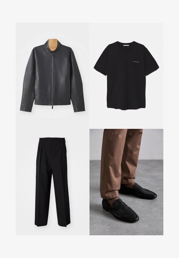 Giacca in pelle nera con colletto stand-up, chiusura a zip e cuciture a contrasto marroni. Presenta due tasche laterali e un design snello.; T-shirt in cotone nero con collo rotondo, maniche corte e stampa bianca del logo sul lato sinistro del petto. Design semplice e monocromatico.; Pantaloni neri a pieghe con un design dritto e gamba larga. Realizzati in tessuto morbido, con chiusura a bottone e passanti per cintura.; Mocassini neri con un motivo testurizzato, dotati di punta arrotondata e profilo basso. Abbinati a pantaloni beige su una superficie grigia.