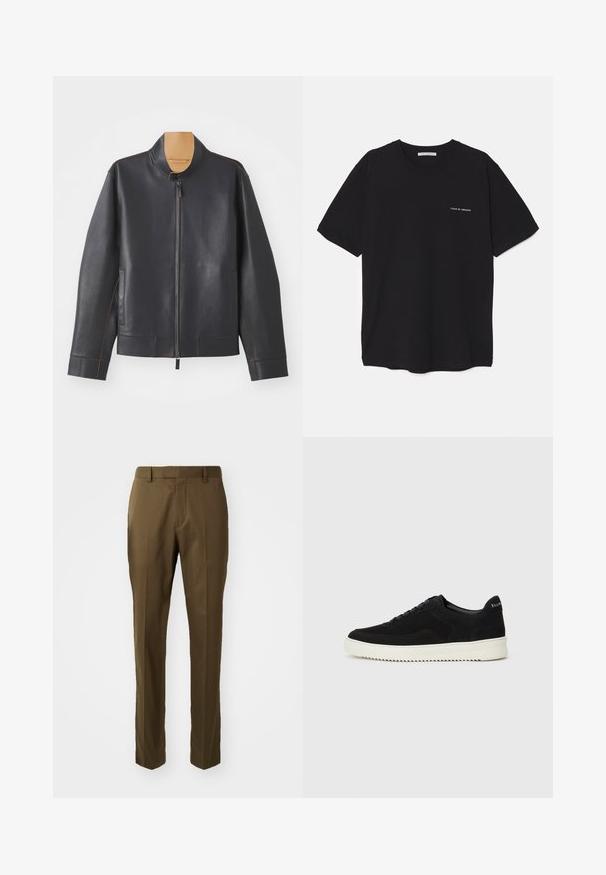 Fekete bőrdzseki álló gallérral, cipzáras záródással és kontrasztos barna varrással. Két oldalsó zsebbel és áramvonalas kialakítással rendelkezik.; Fekete pamut T-shirt kerek nyakkivágással, rövid ujjakkal, és fehér logónyomattal a bal mellrészen. Egyszerű, egyszínű dizájn.; Barna, egyenes szabású nadrág, sima anyagból készült, oldalt zsebekkel és a frontrészen gyűrődéssel.; Fekete velúr sportcipő fűzős dizájnnal és kontrasztos fehér gumitalppal. Jellemzői a textúrázott oldalpanelek és a diszkrét logó a sarokon.