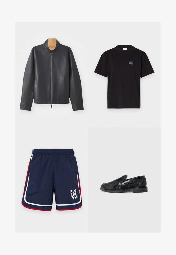 Schwarze Lederjacke mit Stehkragen, Reißverschluss und kontrastierendem braunem Näht. Sie verfügt über zwei Seitentaschen und ein schlankes Design.; Schwarzes Baumwoll-T-Shirt mit Rundhalsausschnitt und kurzen Ärmeln. Mit einem kleinen blauen Logo auf der linken Brust. Einfaches, gerade geschnittenes Design.; Marineblaue Badeshorts mit weißen und roten Seitenstreifen, elastischem Bund und einem Logo mit einer Eistüte auf der Vorderseite.; Schwarzer geflochtener Slipper mit einem glatten Lederakzent im Obermaterial, einem runden Zehendesign und einer flachen Gummisohle.