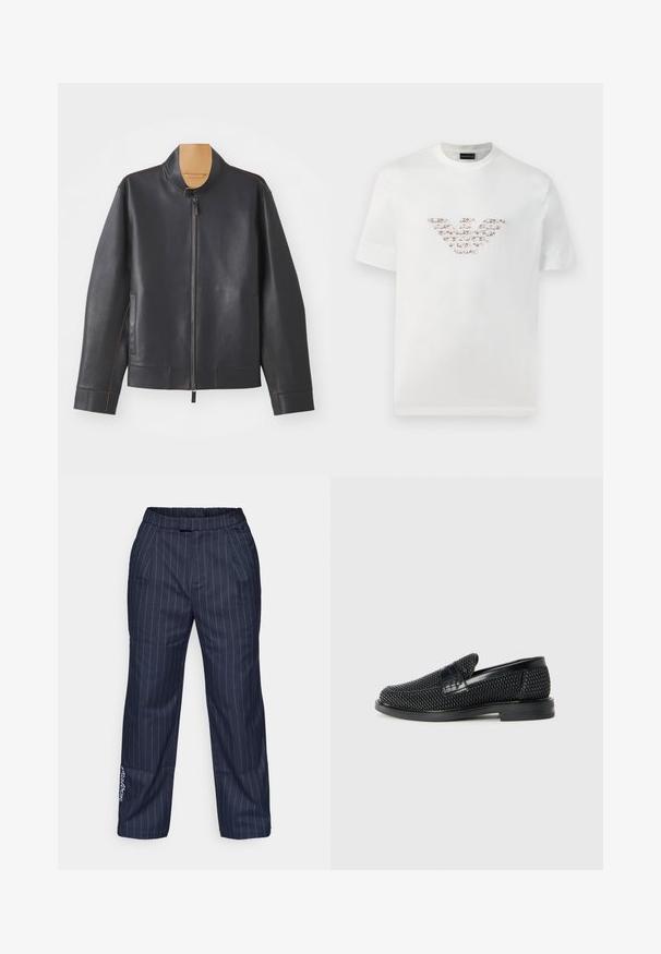 Black leather jacket with a stand collar, zip closure, and contrasting brown stitching. Features two side pockets and a streamlined design.; White cotton t-shirt with short sleeves and a crew neckline. Features a central logo design in pink and brown shades.; Navy blue pinstriped trousers with an elastic waistband, two front pockets, and embroidered logo detail near the hem. Smooth fabric texture.; Black woven slip-on shoe with a smooth leather accent on the upper, a round toe design, and a low-profile rubber sole.